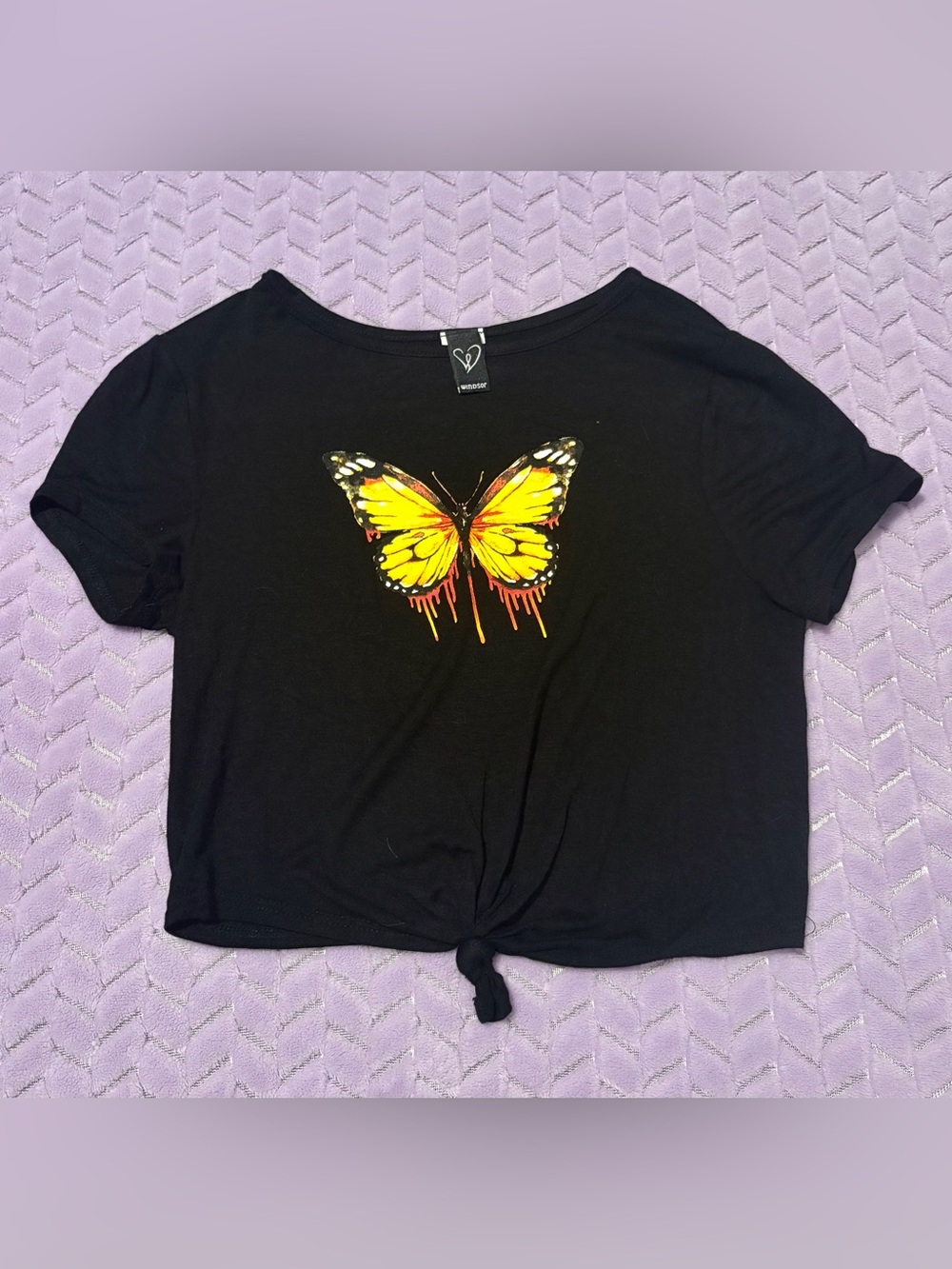 Windsor Black Crop Tee with Yellow Butterfly